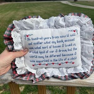 Vintage Red/White Cross Stitch Pillow with A Mothers Prayer Eyelet Plaid Small
